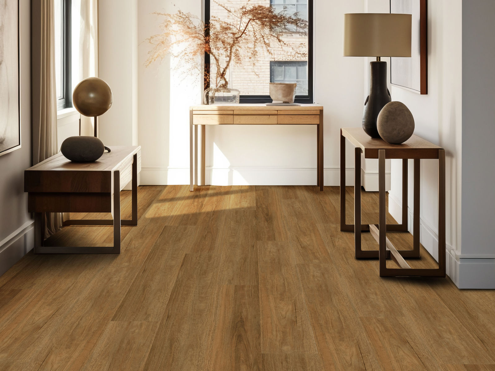 Calm Spotted Gum vinyl planks in a sunlit hallway