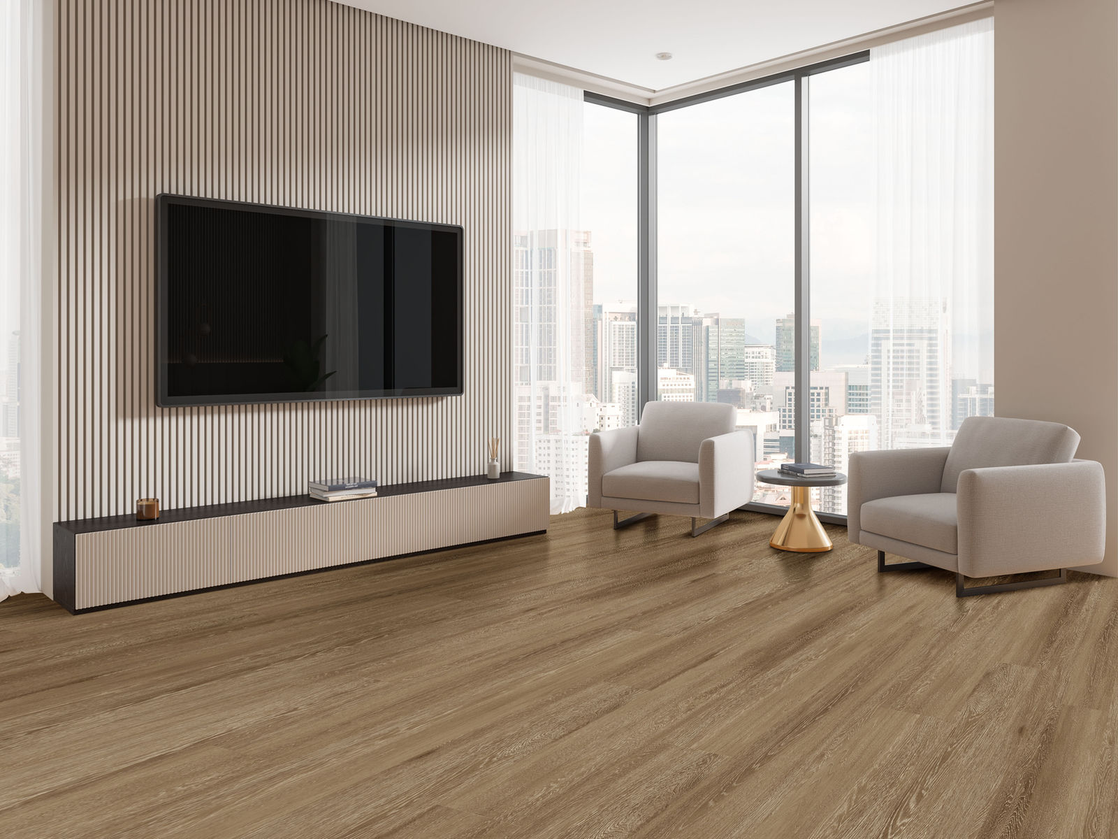 Calm Acoustic Vinyl in a high-rise living room with city views